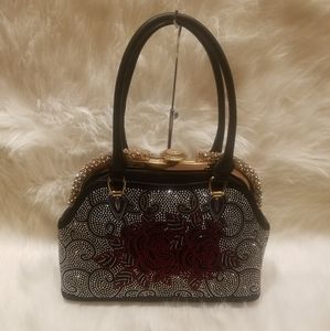 BLACK AND RED FLORAL A-FRAME DESIGN HANDBAG
